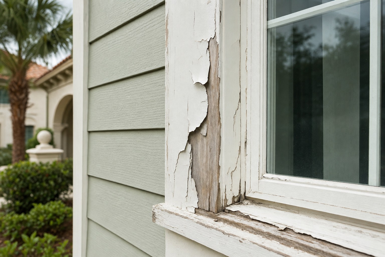 Peeling white paint exposing weathered wood beside a Florida home window