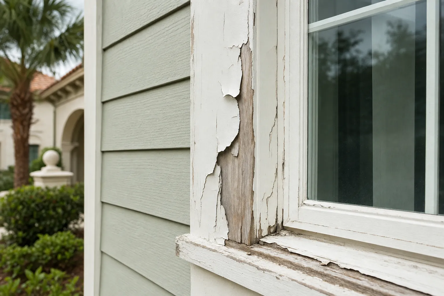 Peeling white paint exposing weathered wood beside a Florida home window