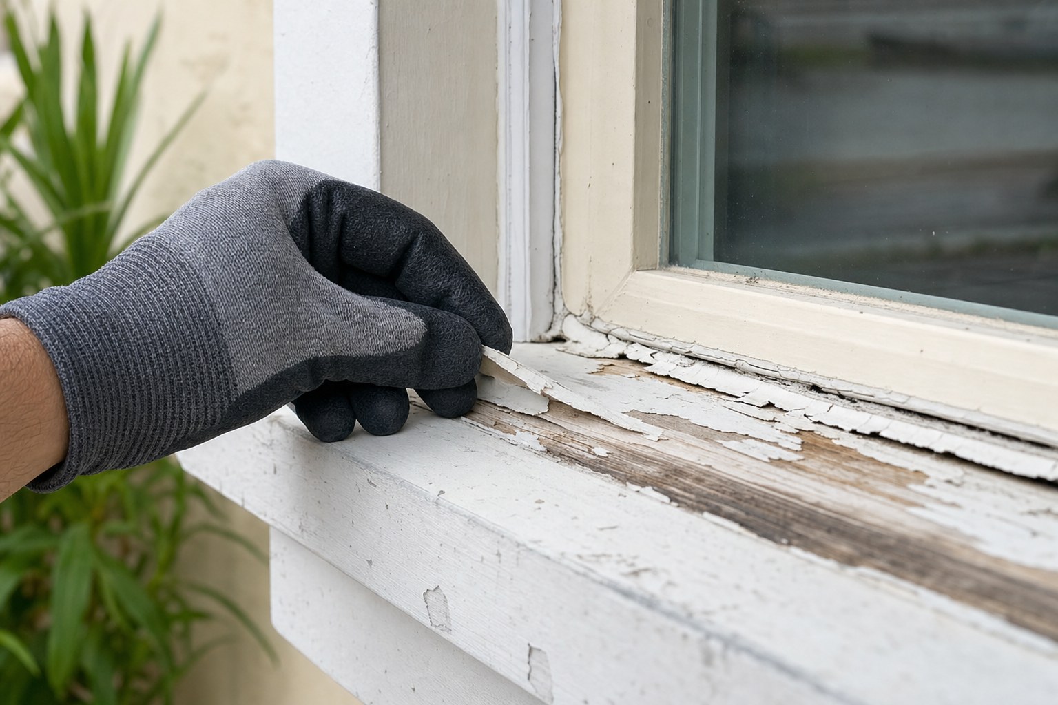 Gloved hand checking loose peeling paint on an exterior window sill