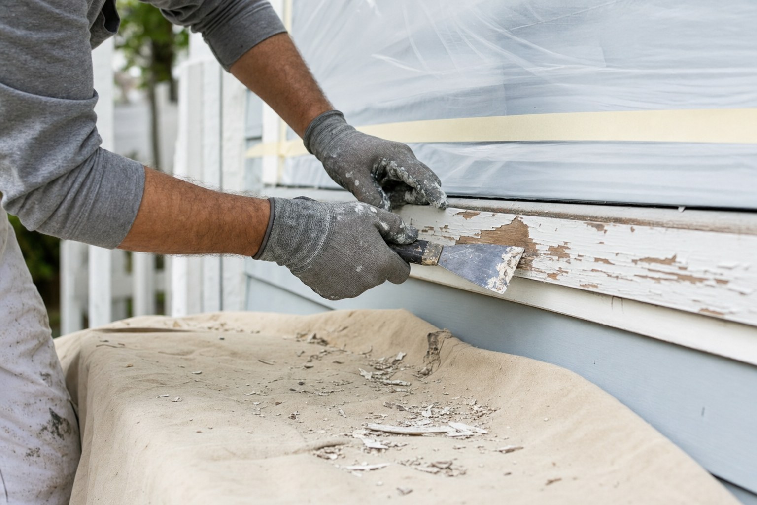 Painter scraping loose exterior paint from protected window trim