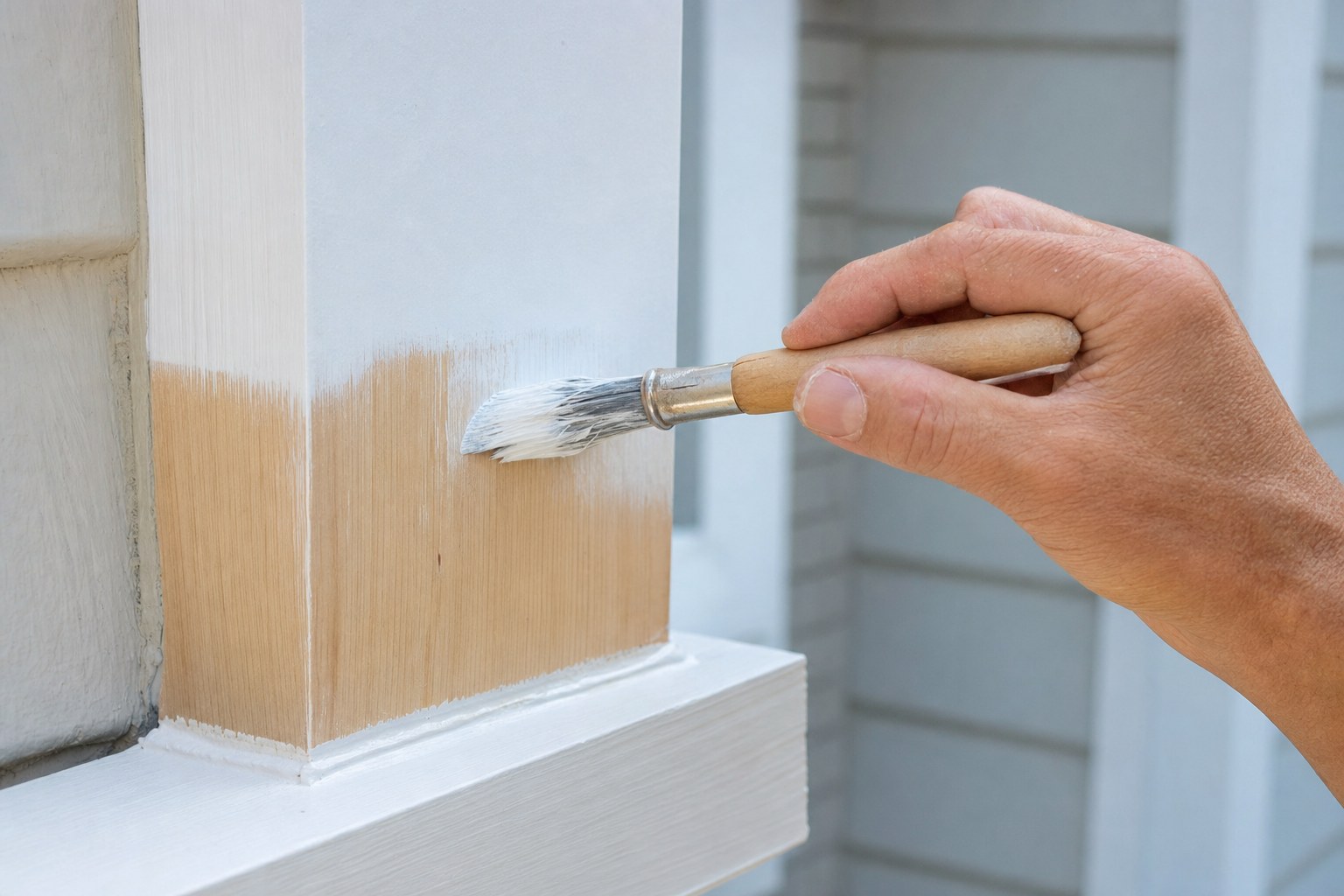 Brush applying white primer to prepared exterior wood trim