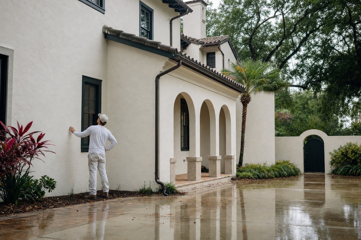 Painter assessing a wet stucco wall after rain at a Florida home