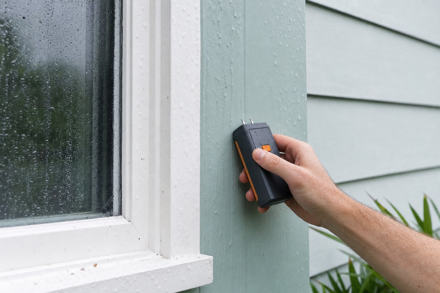 Checking damp exterior window trim with a moisture meter after rain