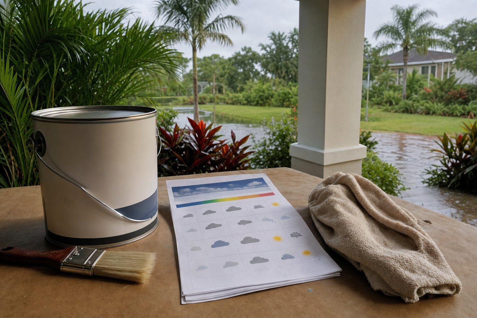 Paint supplies and a weather plan on a covered Florida porch after rain