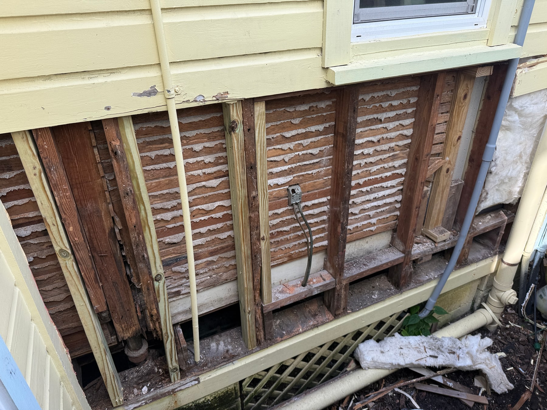 Damaged exterior wall opened to expose original lath and framing at the historic St. Augustine home