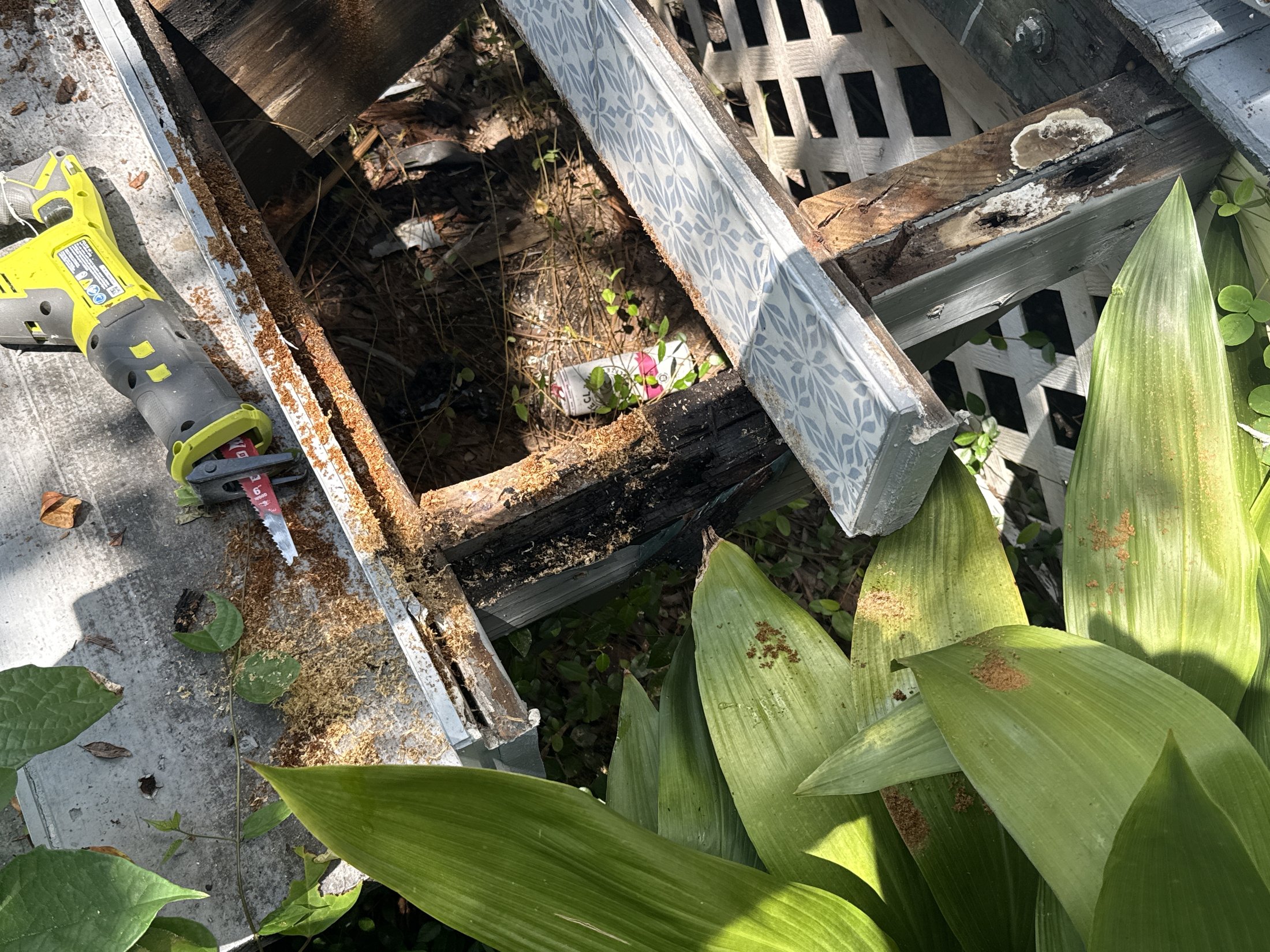 Rotted porch framing exposed during the St. Augustine restoration
