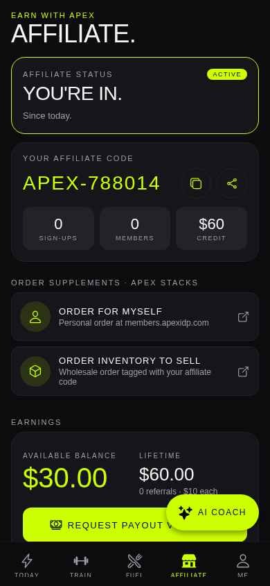 Apex ID Elite affiliate dashboard showing a member referral code and available balance