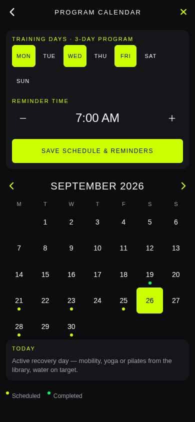 Apex ID Elite program calendar with scheduled training days