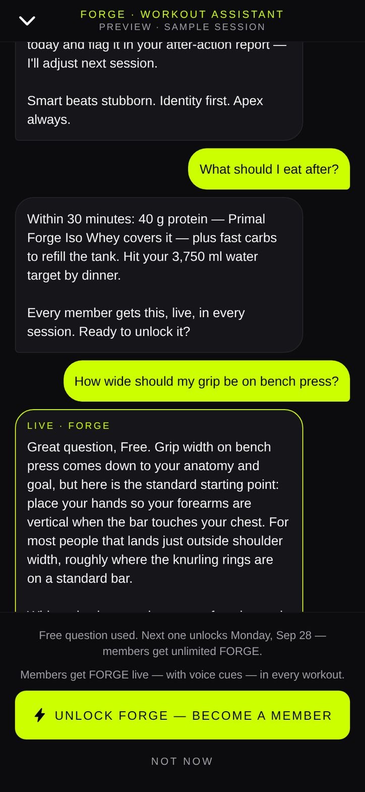 Apex ID Elite FORGE chat with a training question and response