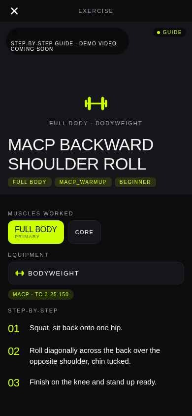 Apex ID Elite exercise guide with instructions for a backward shoulder roll