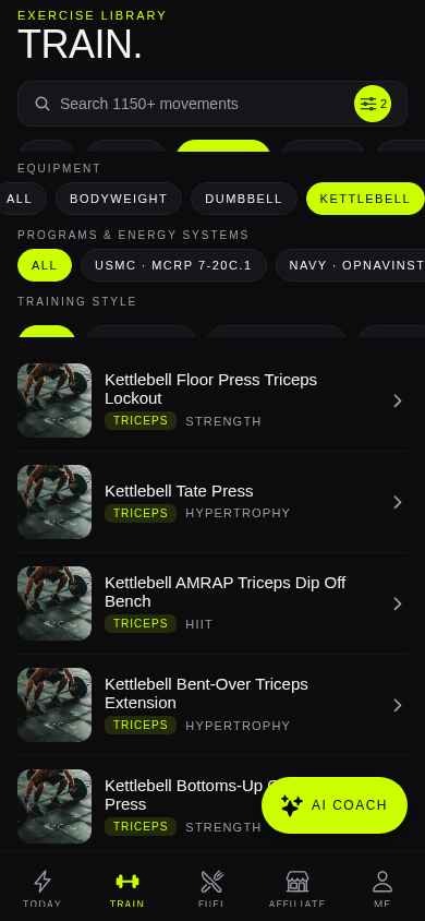 Apex ID Elite exercise library with movement search and filters