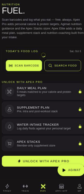 Apex ID Elite meal and nutrition screen on a phone