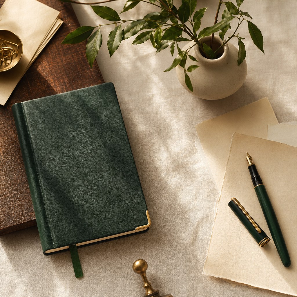 A green planner, fountain pen and leafy stems arranged on a warm desk