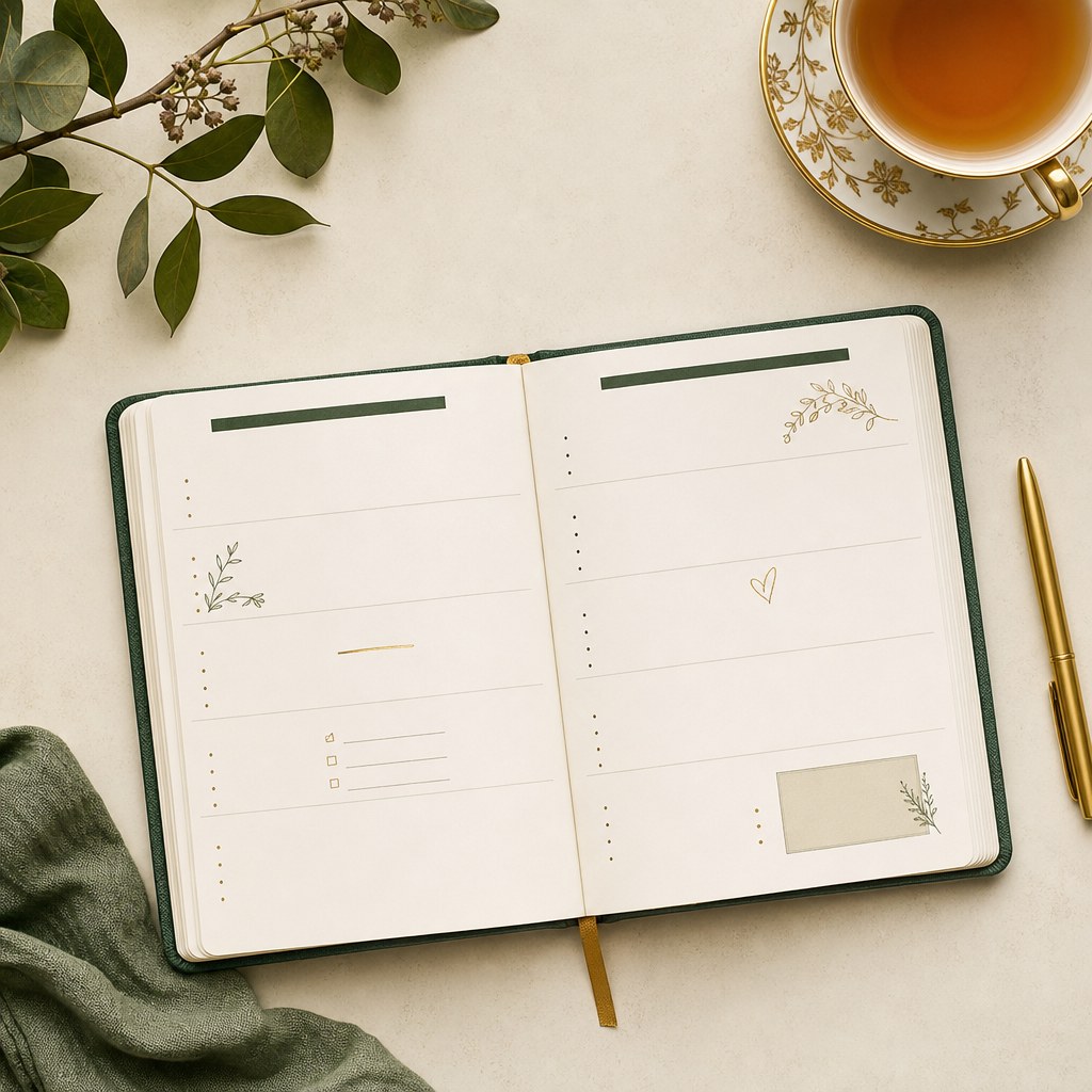 An open paper planner on a warm desk
