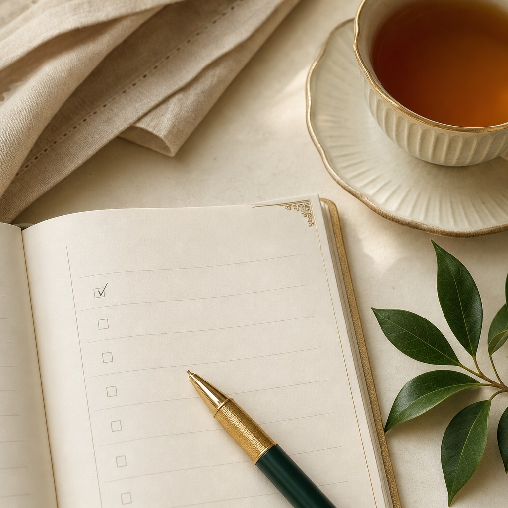 A daily planner checklist with a gold-and-green pen beside a cup of tea