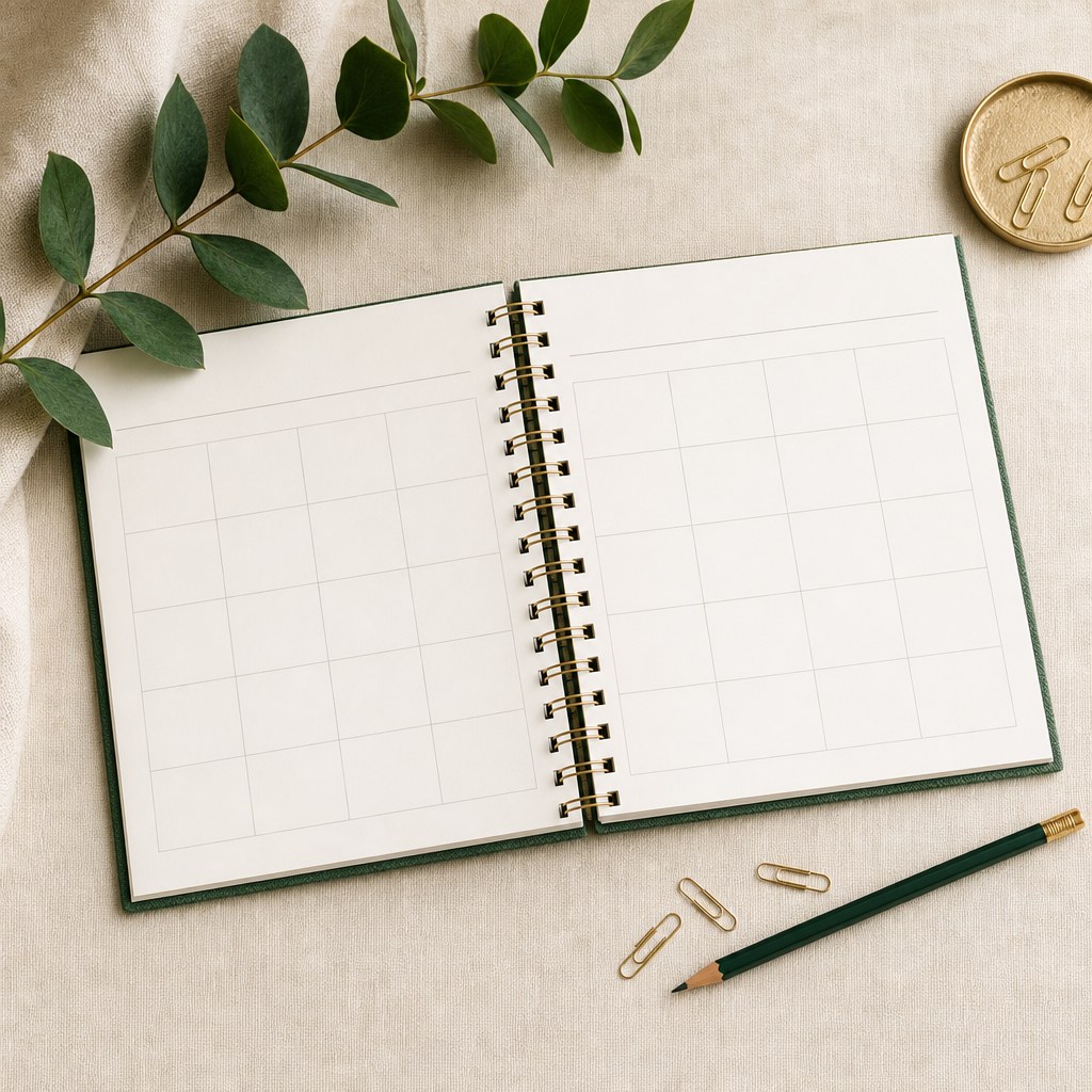 A blank monthly planner spread with a pencil and gold paper clips