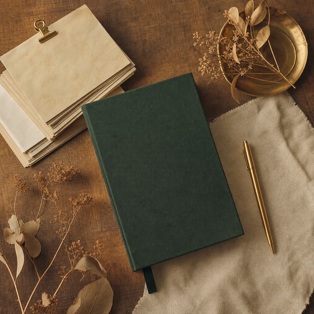 A green planner, a gold pen and dried botanical stems arranged for a quiet weekly review