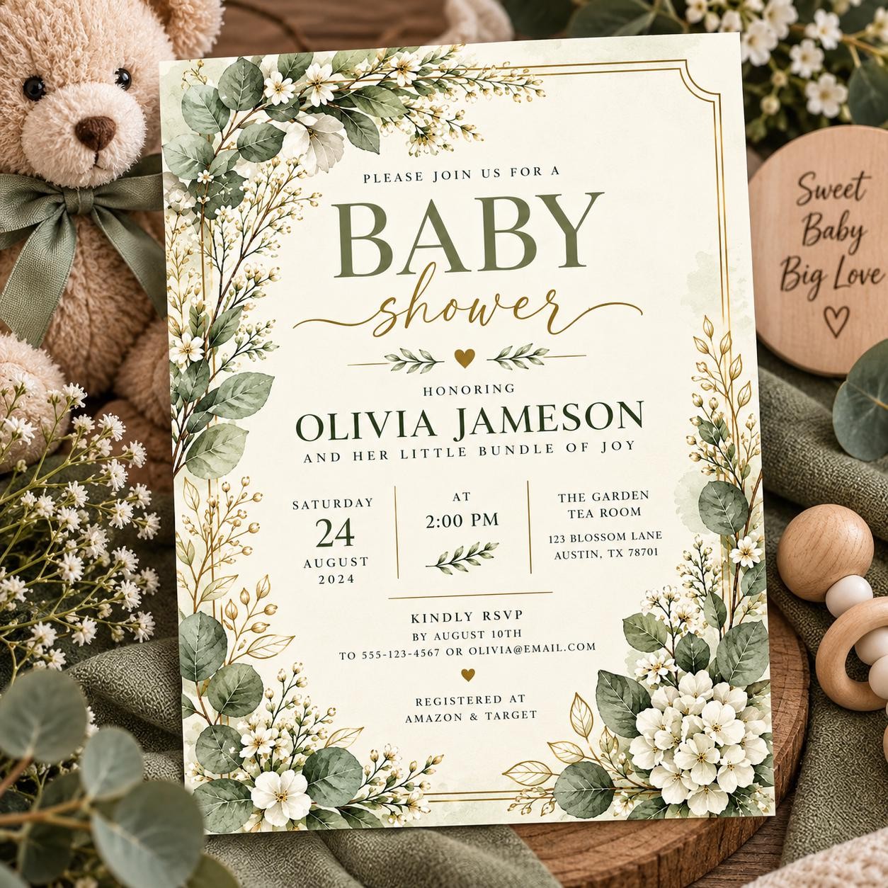Editable Eucalyptus Baby Shower Invitation