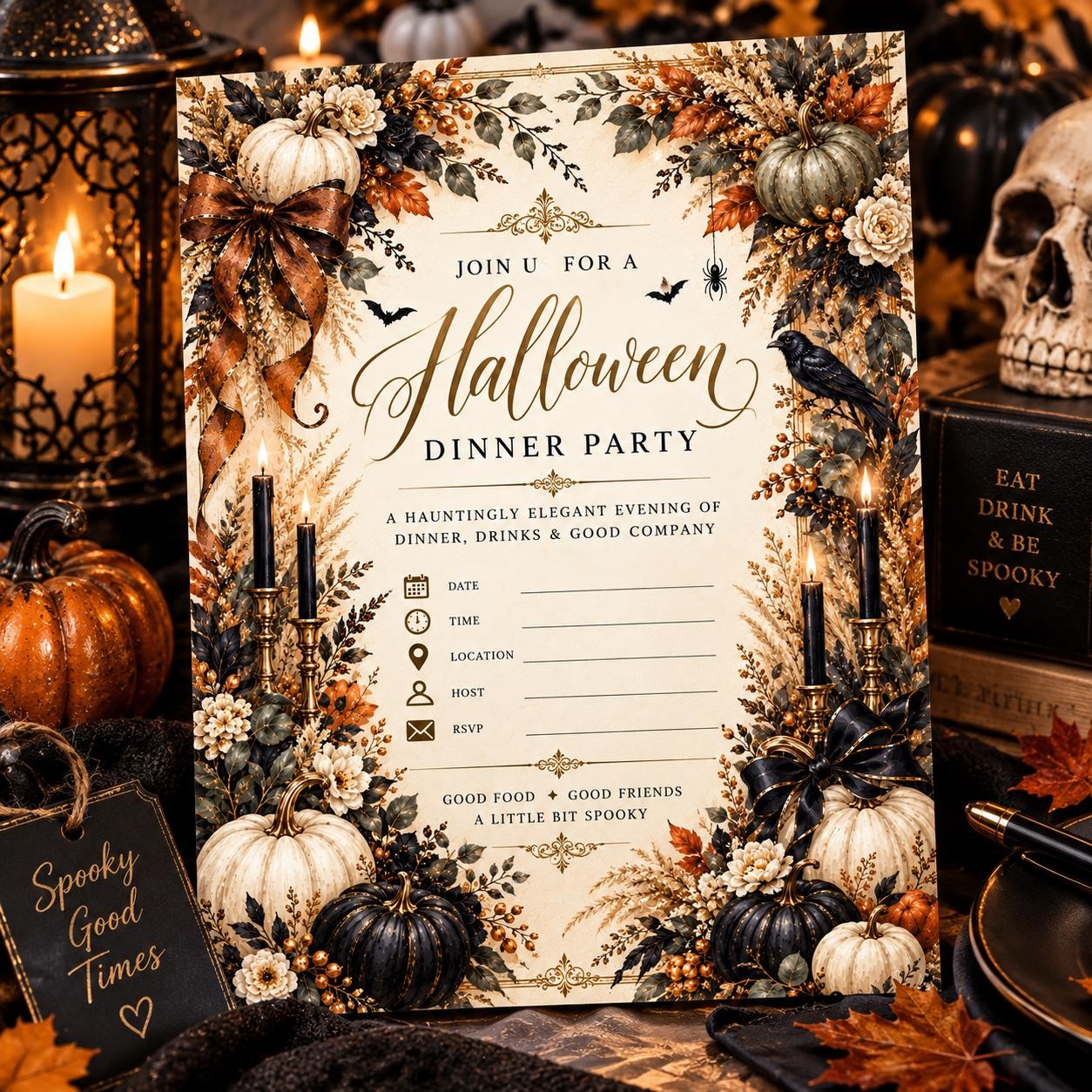 Editable Gothic Halloween Dinner Party Invitation