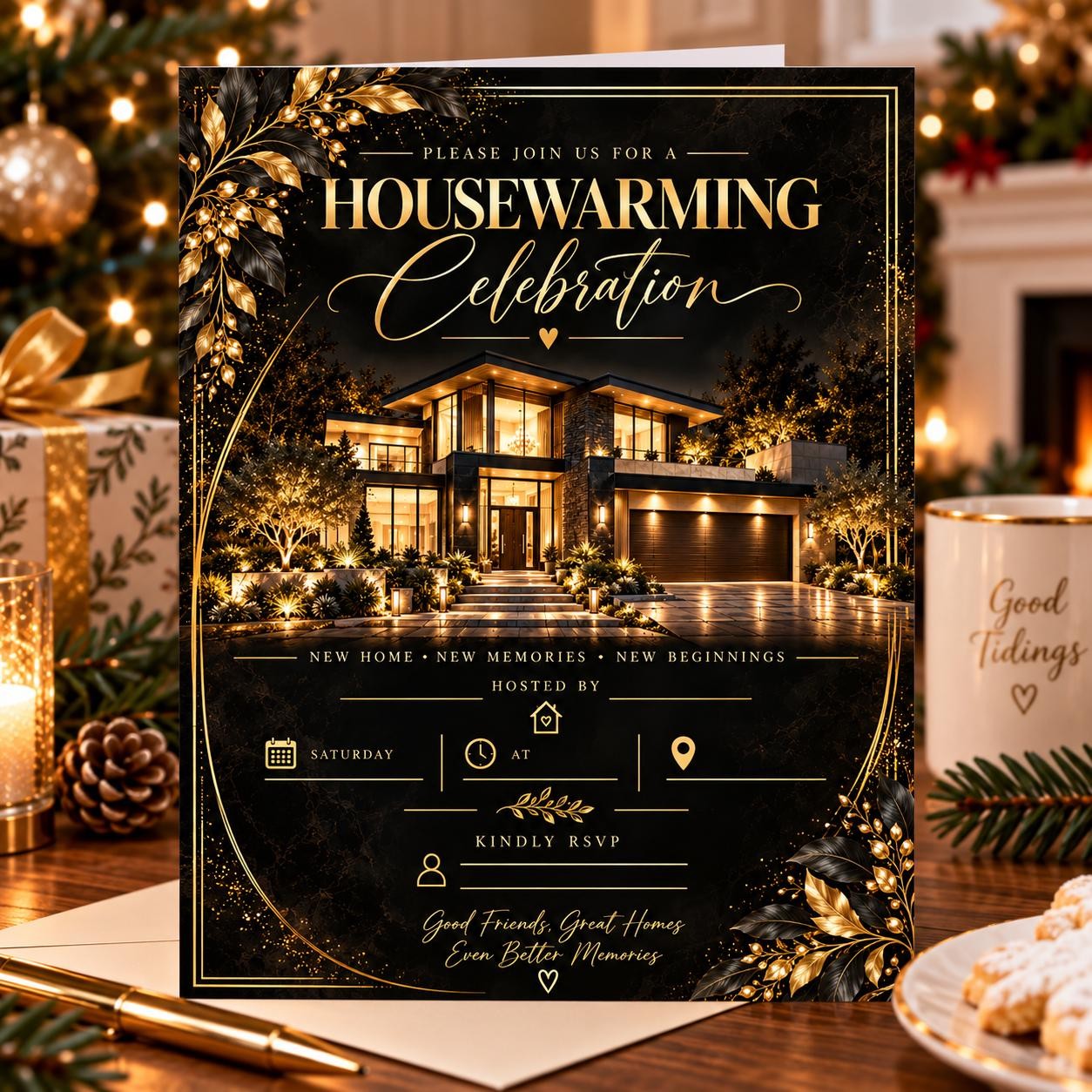 Editable Black Gold Housewarming Invitation