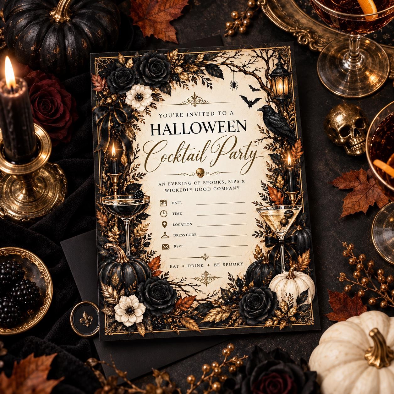 Elegant Black Gold Halloween Cocktail Party Invitation (Digital File)