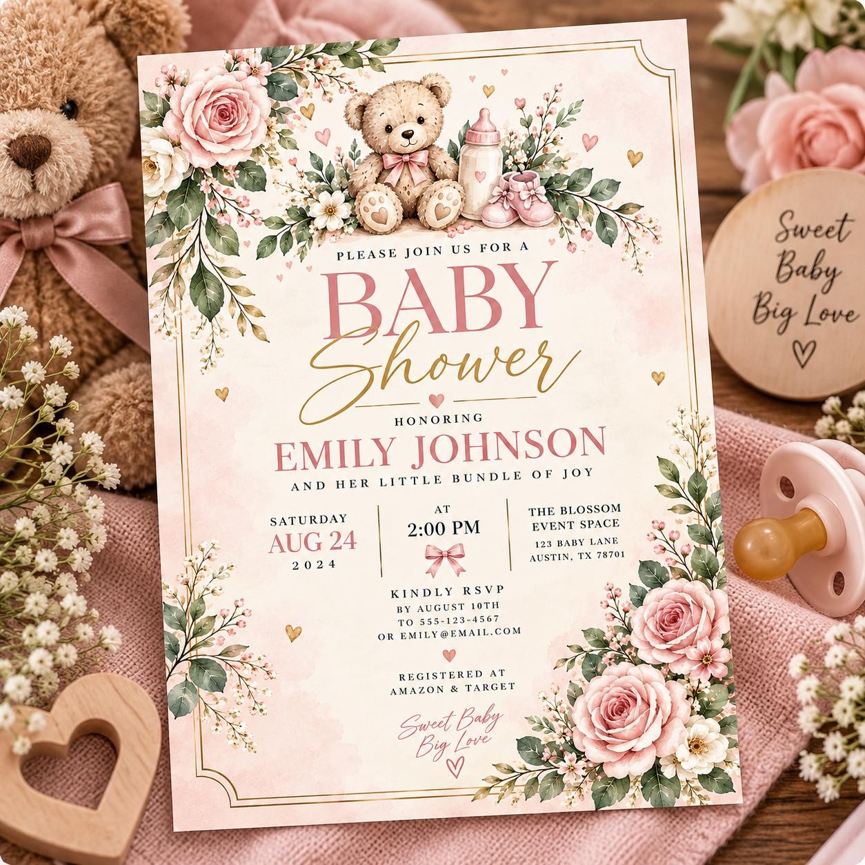 Editable Pink Floral Baby Shower Invitation