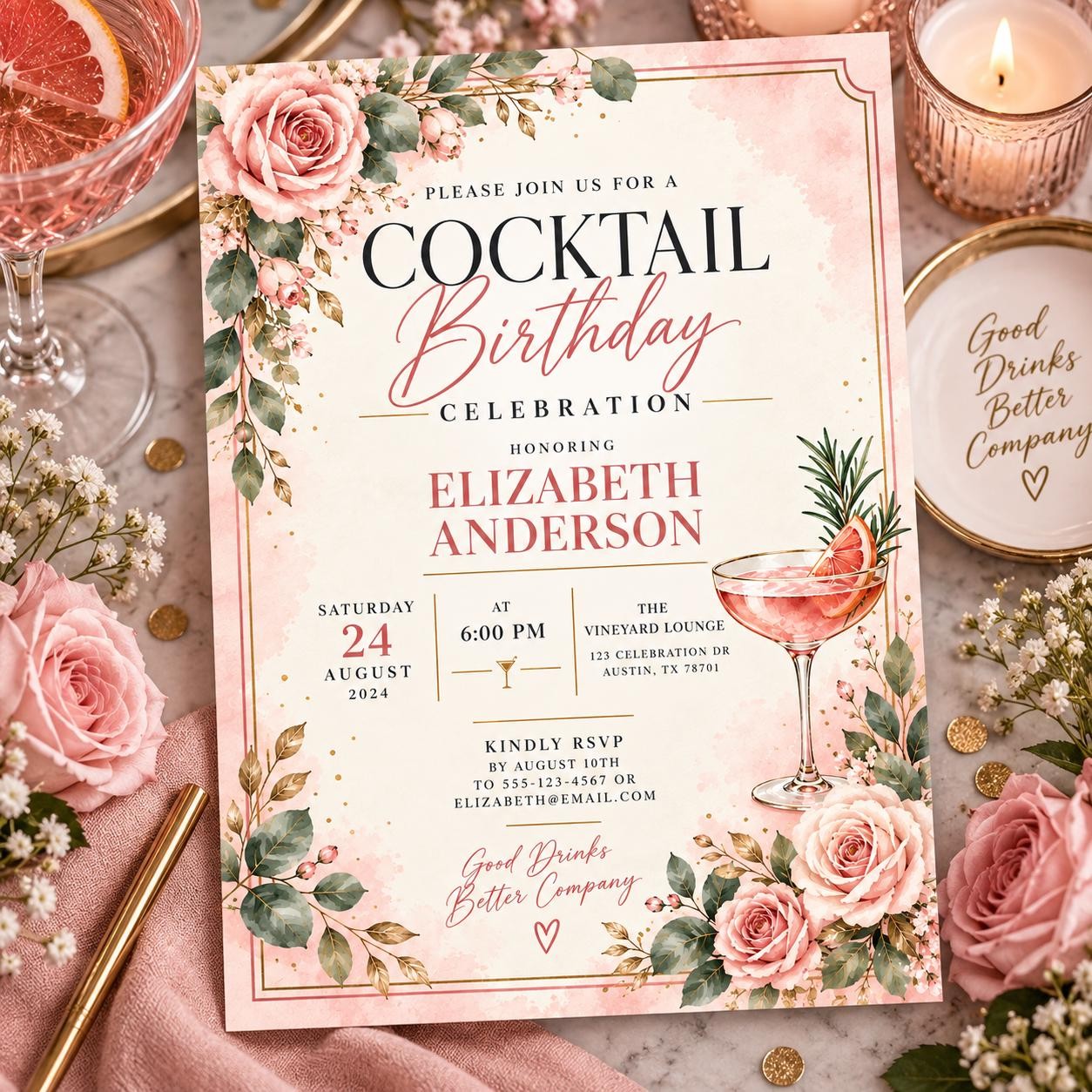 Editable Blush Floral Cocktail Birthday Invitation Template ()