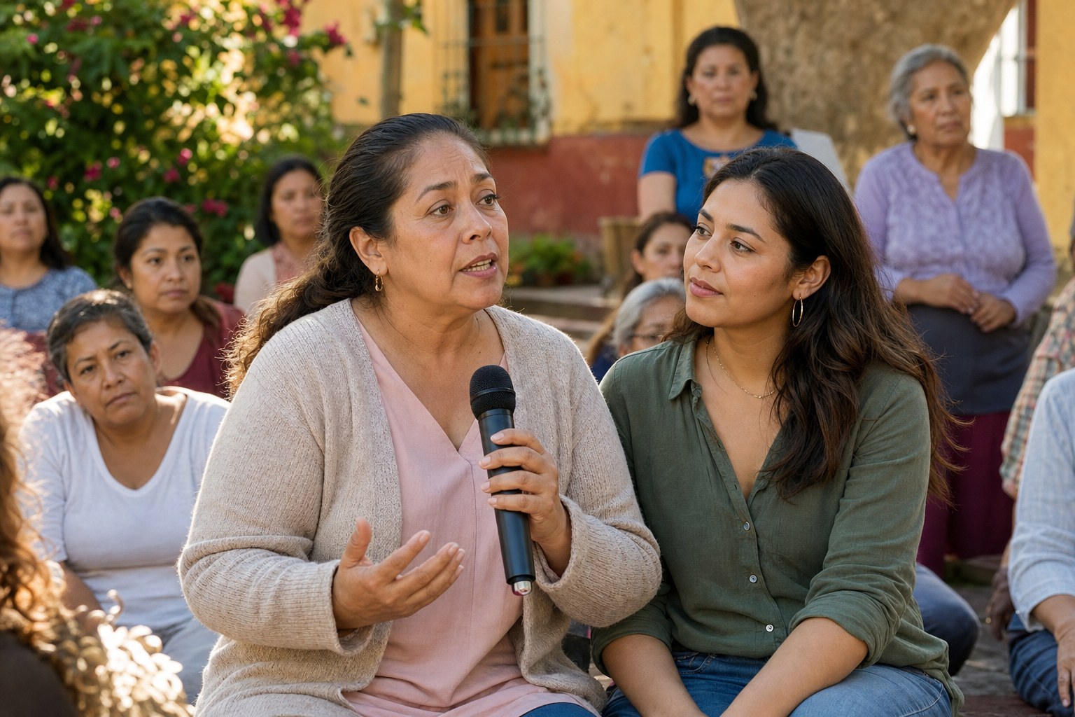 A mother and daughter talking at a community gathering