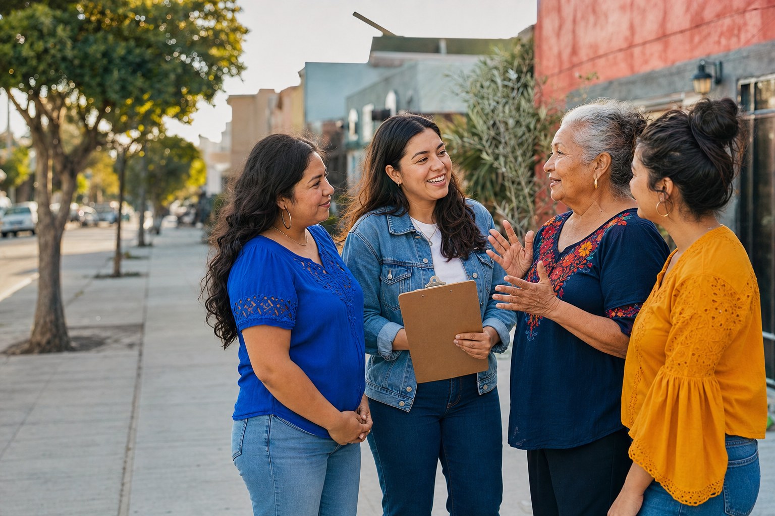Latina women talking in their community