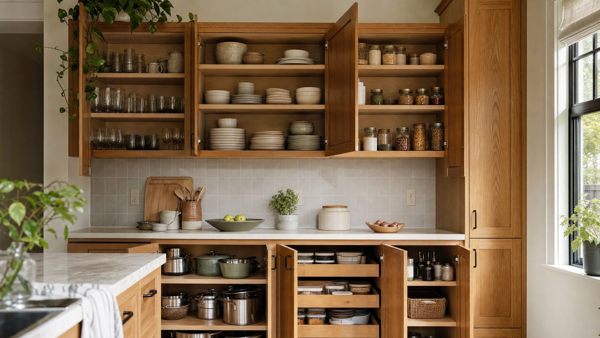 Open wood kitchen cabinets with dishes, pantry jars, and cookware arranged in clear zones