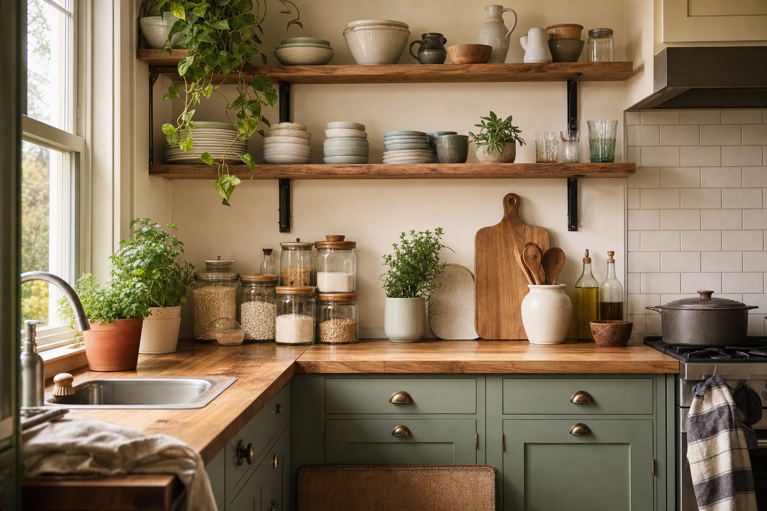 Organized small kitchen with open shelves, clear counters, and natural wood surfaces