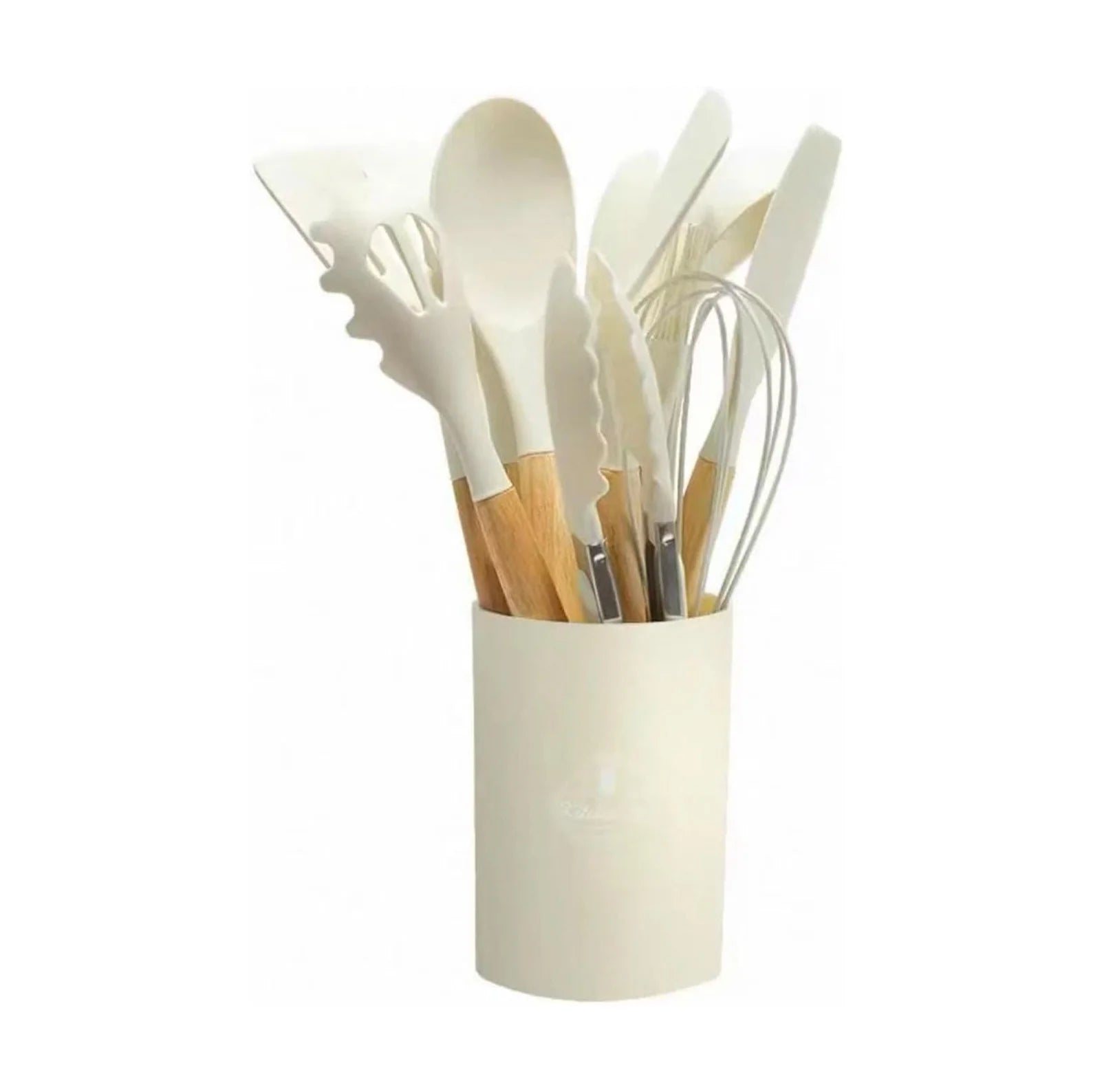 Silicone kitchen utensil set stored in a compact holder