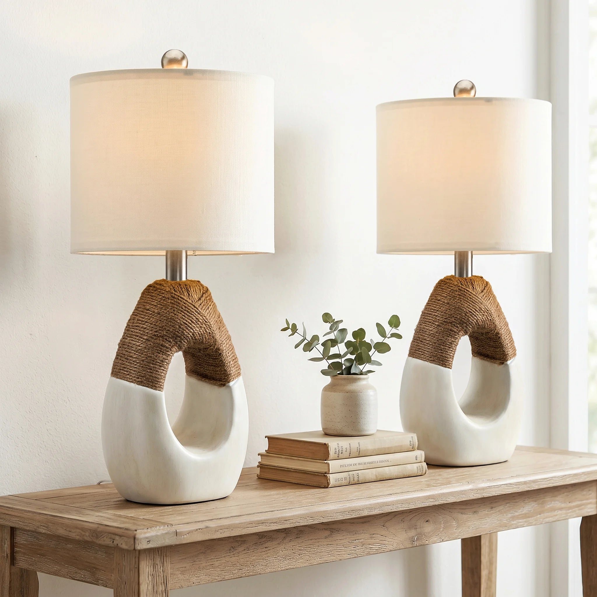 Boho White Resin Table Lamps Set of 2 - Modern Nightstand Lamps for Bedroom & Living Room