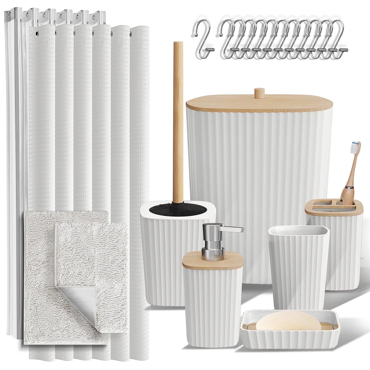 22-Piece Bamboo Bathroom Accessories Set - Minimalist White Boho Decor