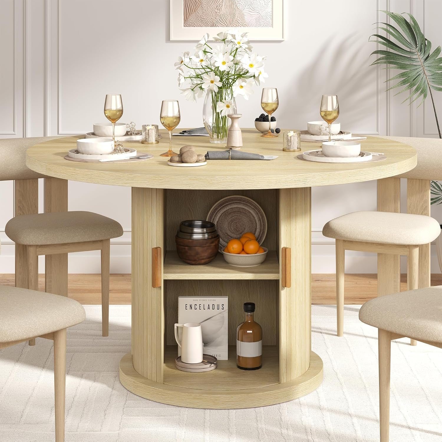 47" Round Farmhouse Dining Table - Fluted Wood, Seats 4-6 | 2-Tier Storage Shelf