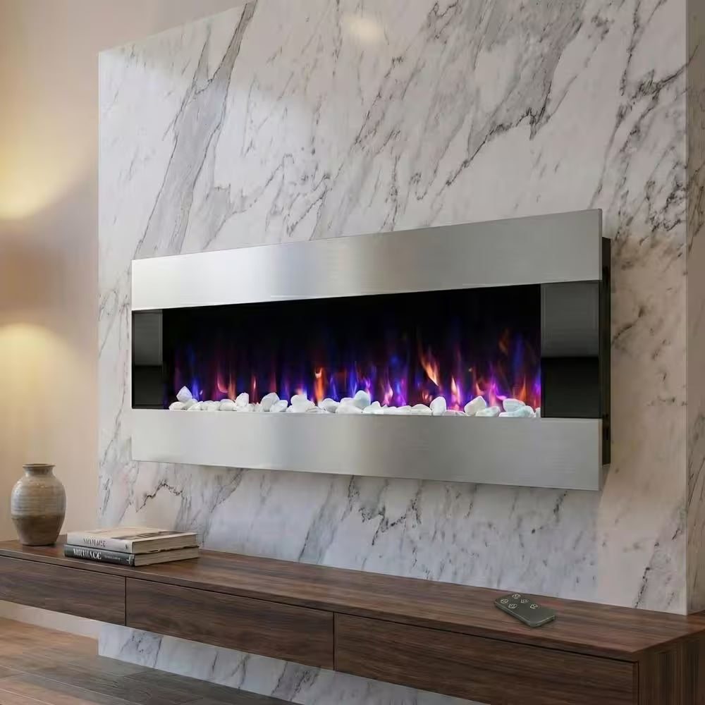 54" Stainless Steel Wall-Mount Electric Fireplace with Remote - 3 Flame Colors