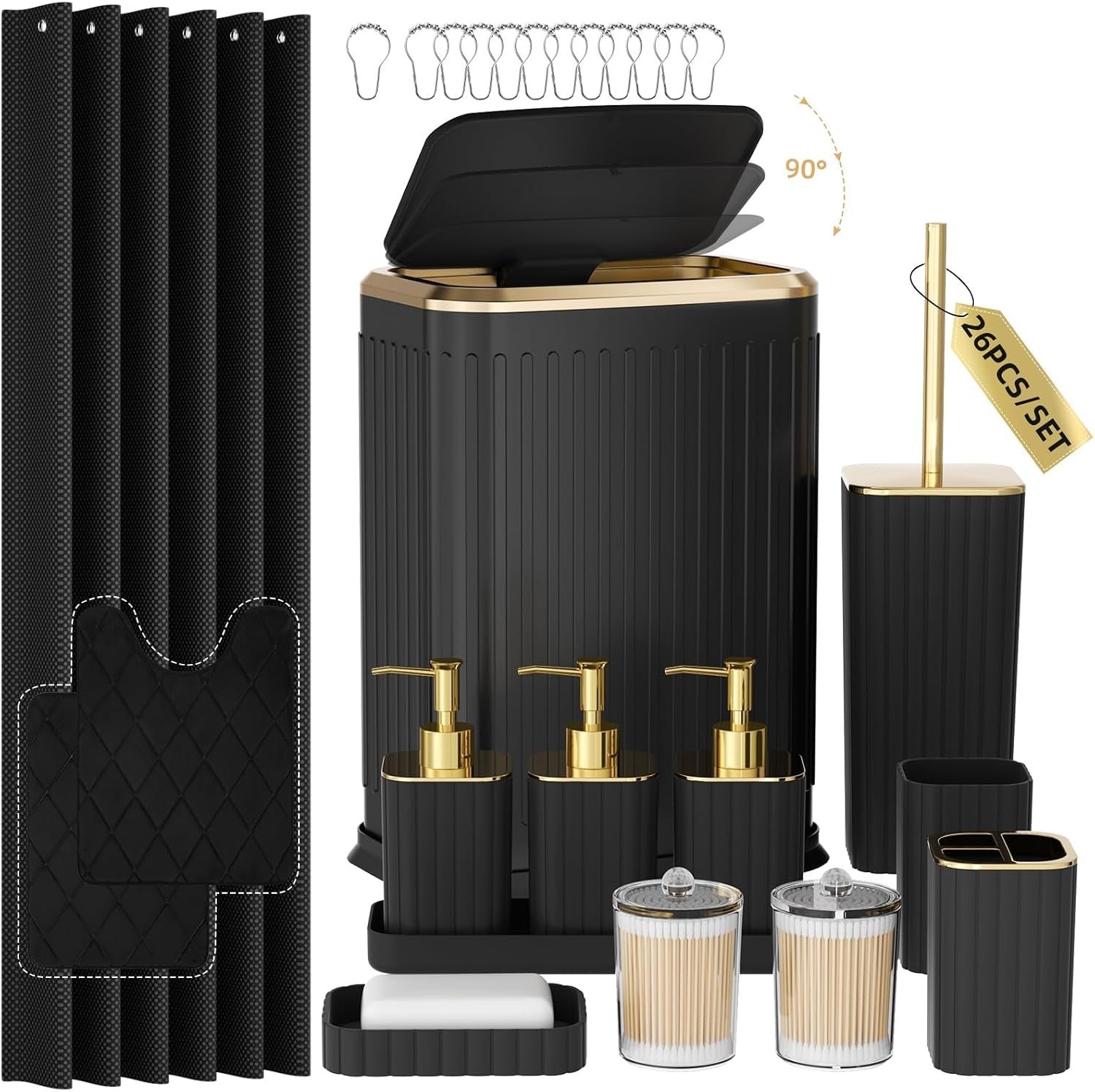 26-Piece Black Bathroom Accessories Set - Shower Curtain, Rugs & Stainless Steel Trash Can