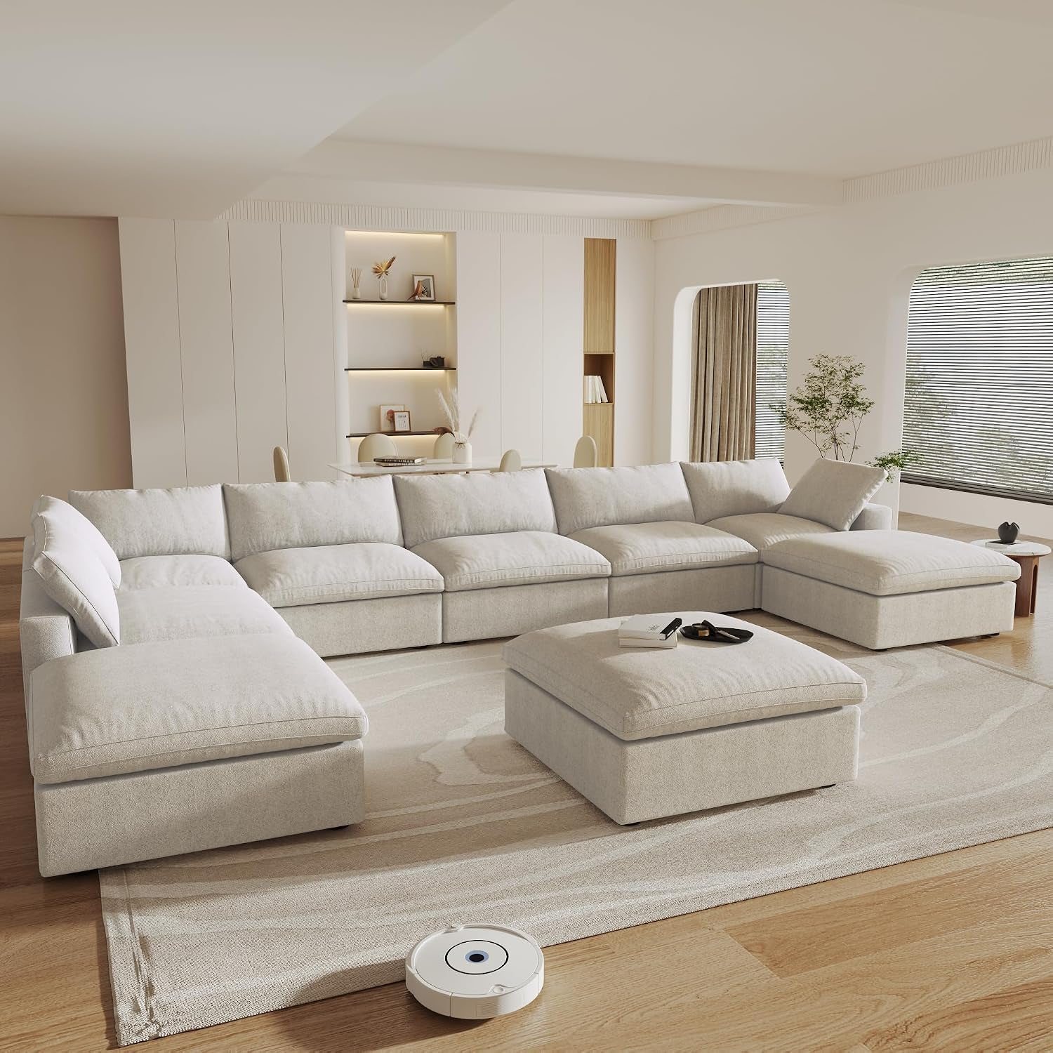 196" U-Shaped Cloud Modular Sectional Sofa - 9-Seater Down-Filled Linen Couch with Storage Ottomans | Khaki