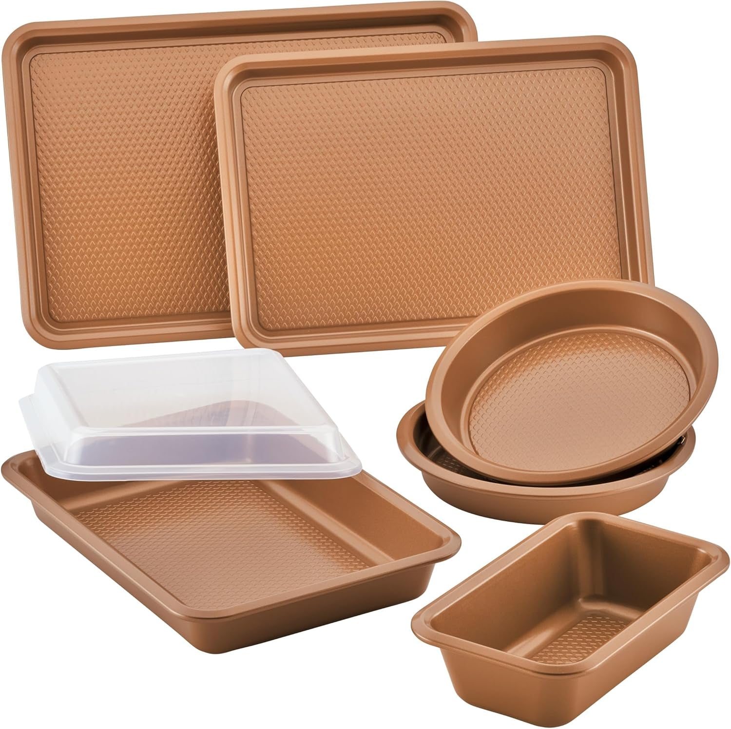 Copper-finish bakeware set ready to be stored in a kitchen
