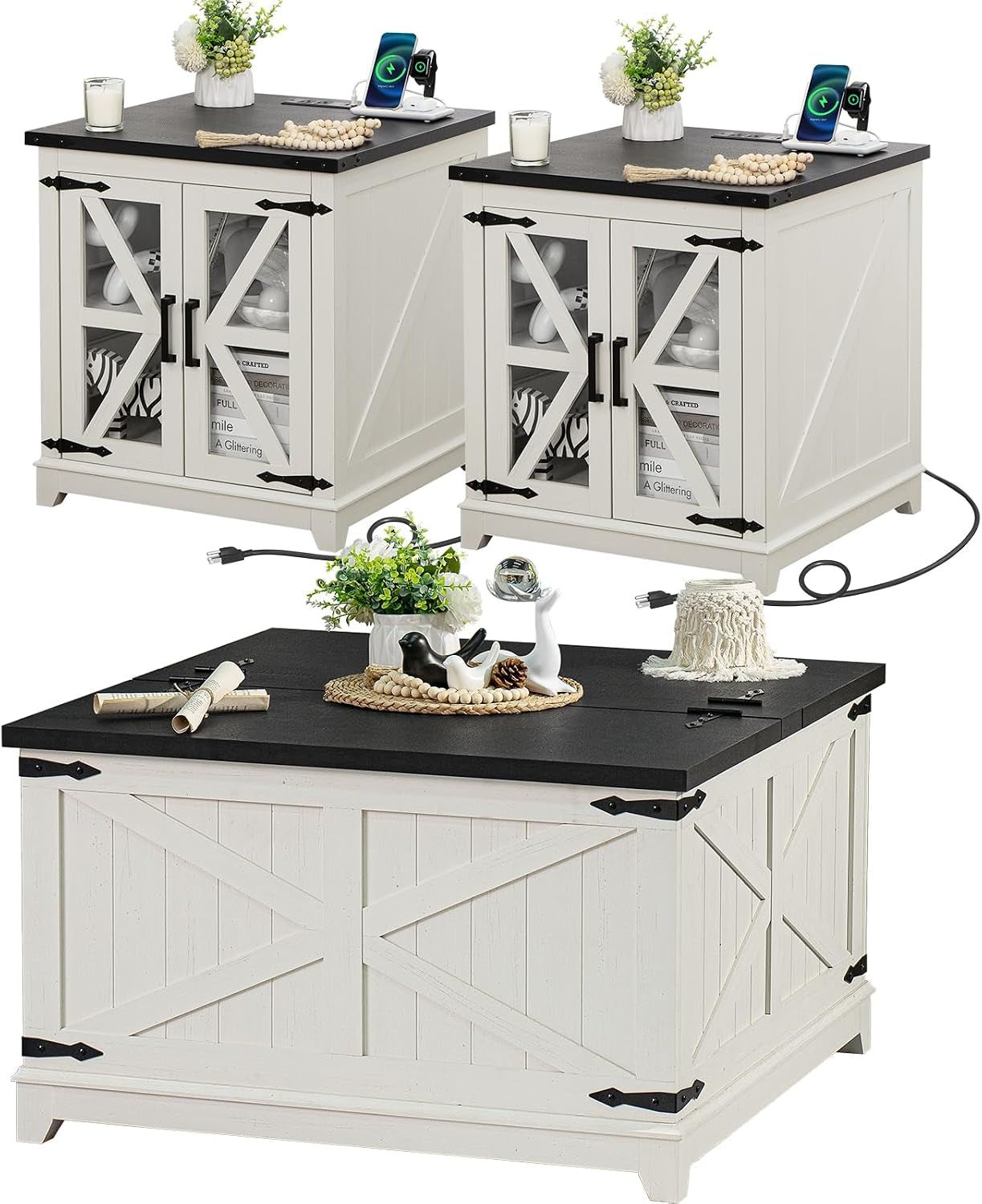3-Piece Farmhouse Coffee Table Set - Coffee Table with Hidden Storage + 2 End Tables | White