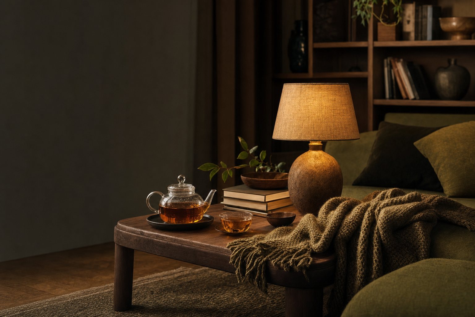 Warm living room with a tea set, glowing lamp, books and textured throw