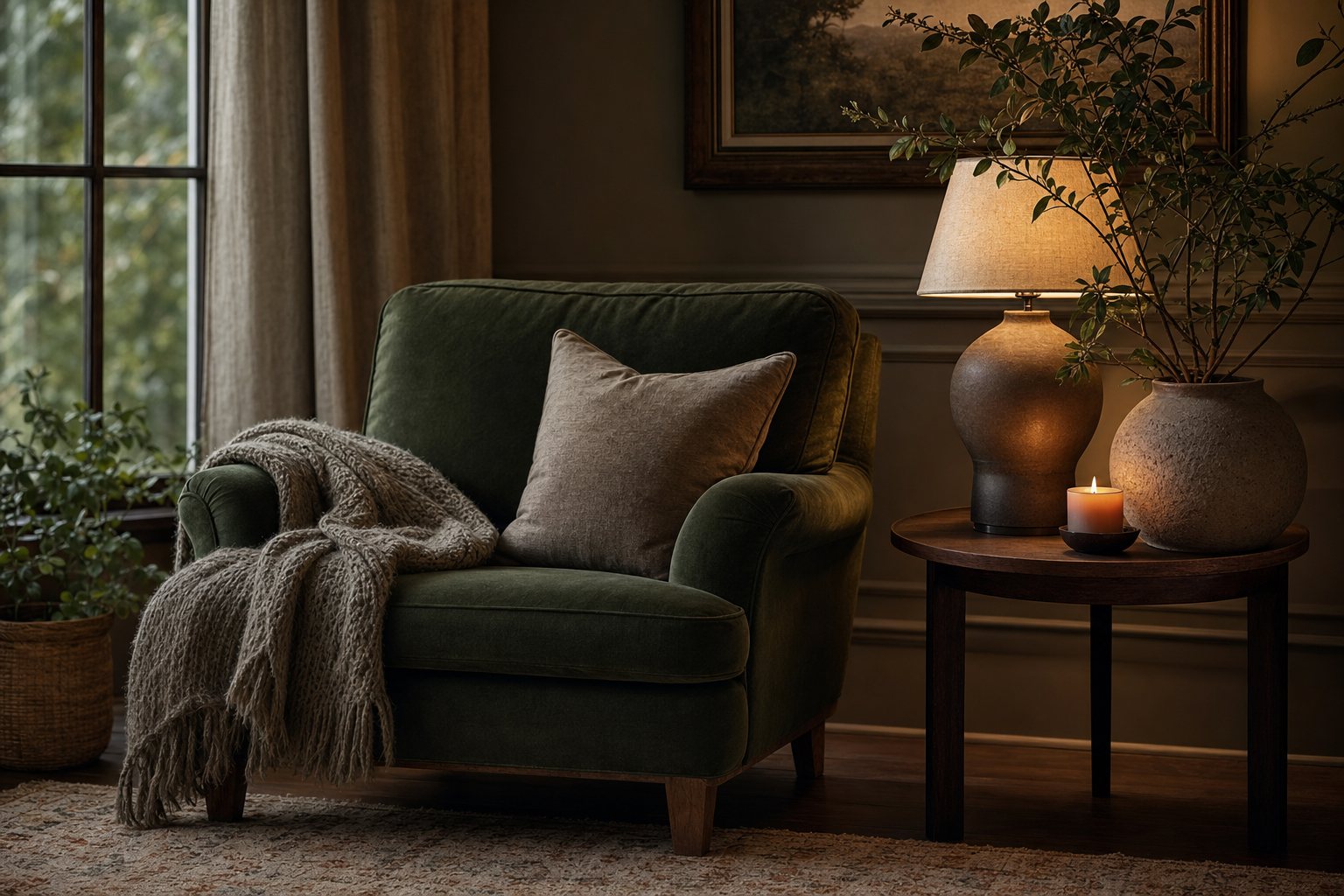 Warm reading corner with a green chair and soft lighting