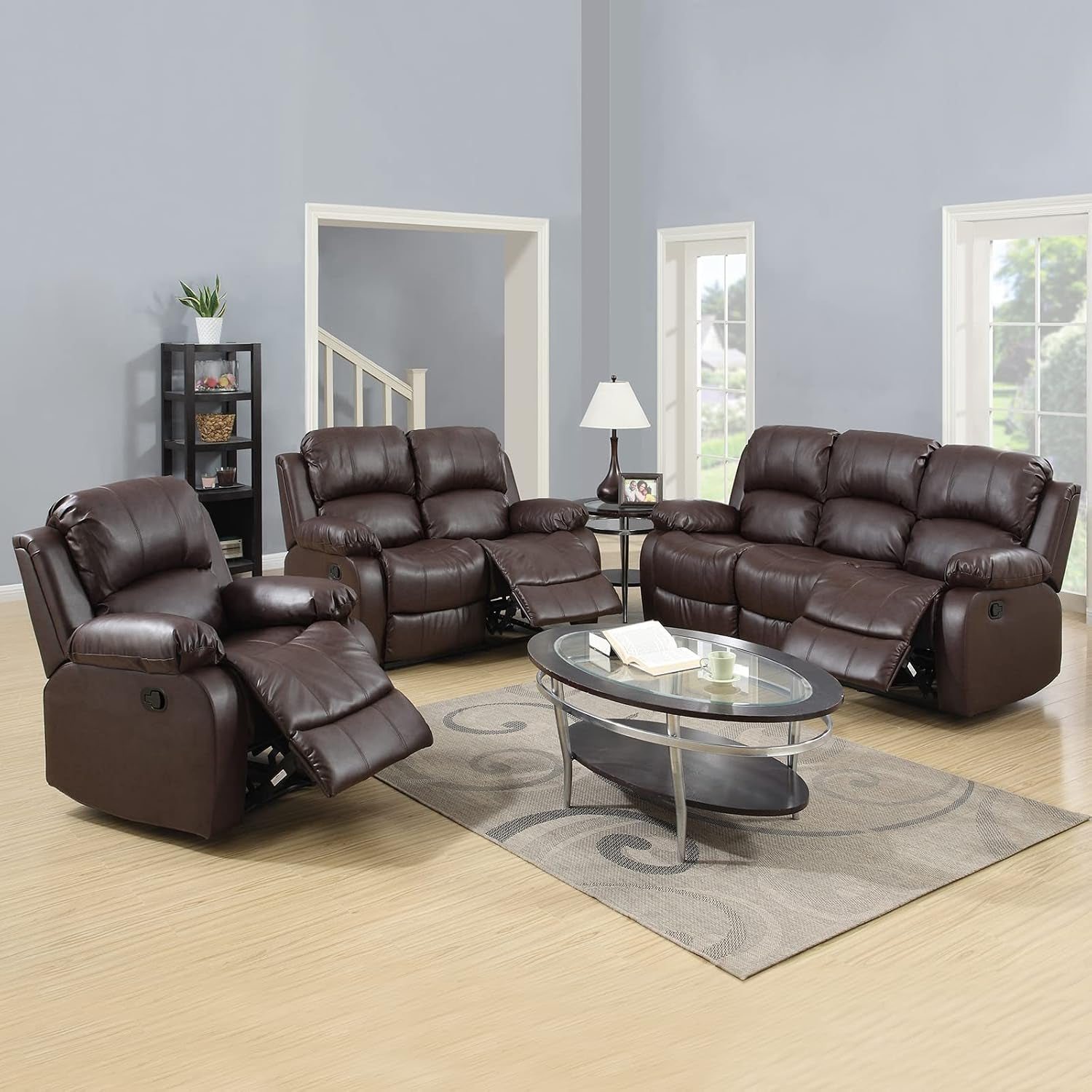 3-Piece Luxury Recliner Sofa Set - Brown Bonded Leather Sofa, Loveseat & Chair
