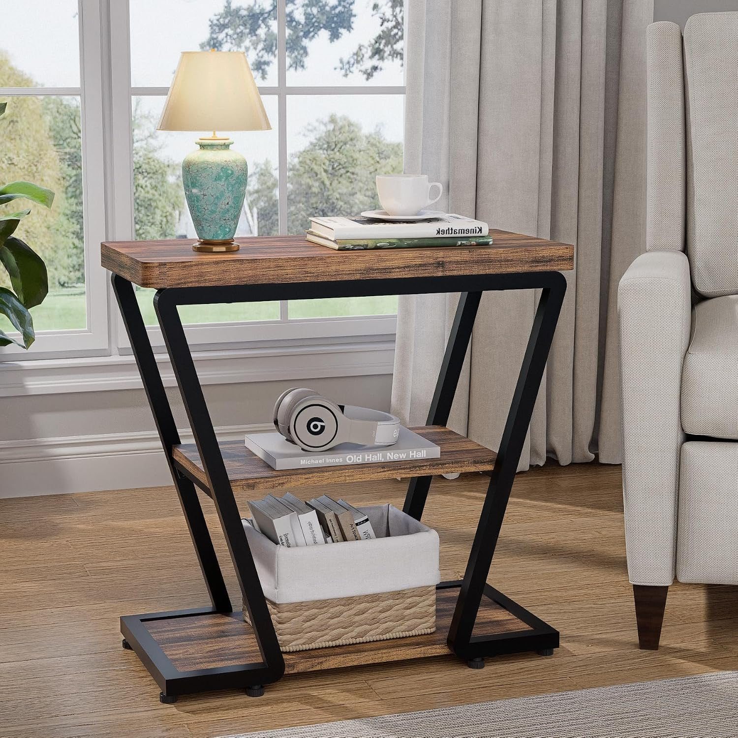 3-Tier Narrow End Table - Rustic Wood & Metal Side Table for Small Spaces