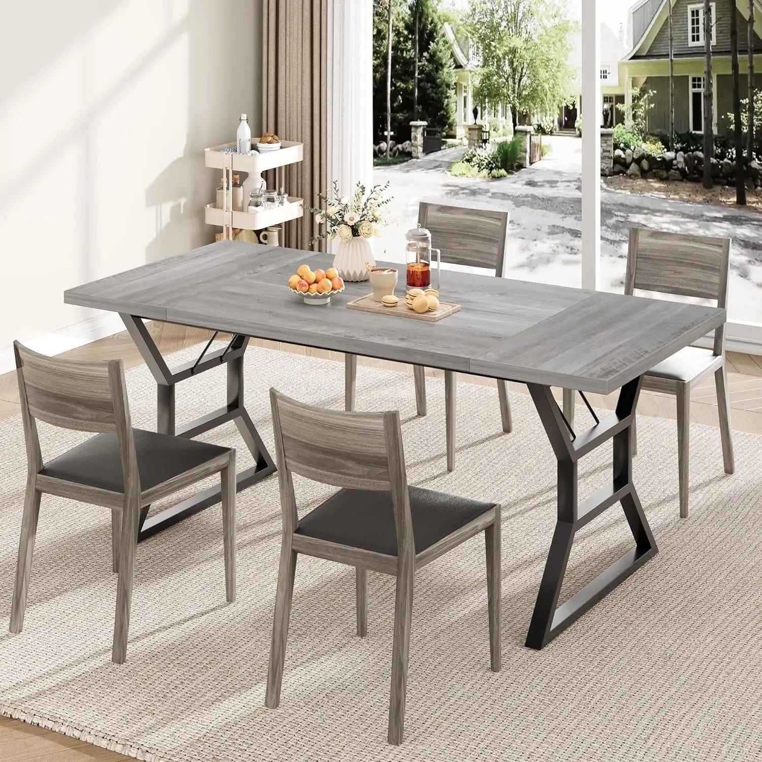 Farmhouse Rectangular Dining Table - Seats 6+ | Wood Top & Metal Legs | Indoor & Outdoor
