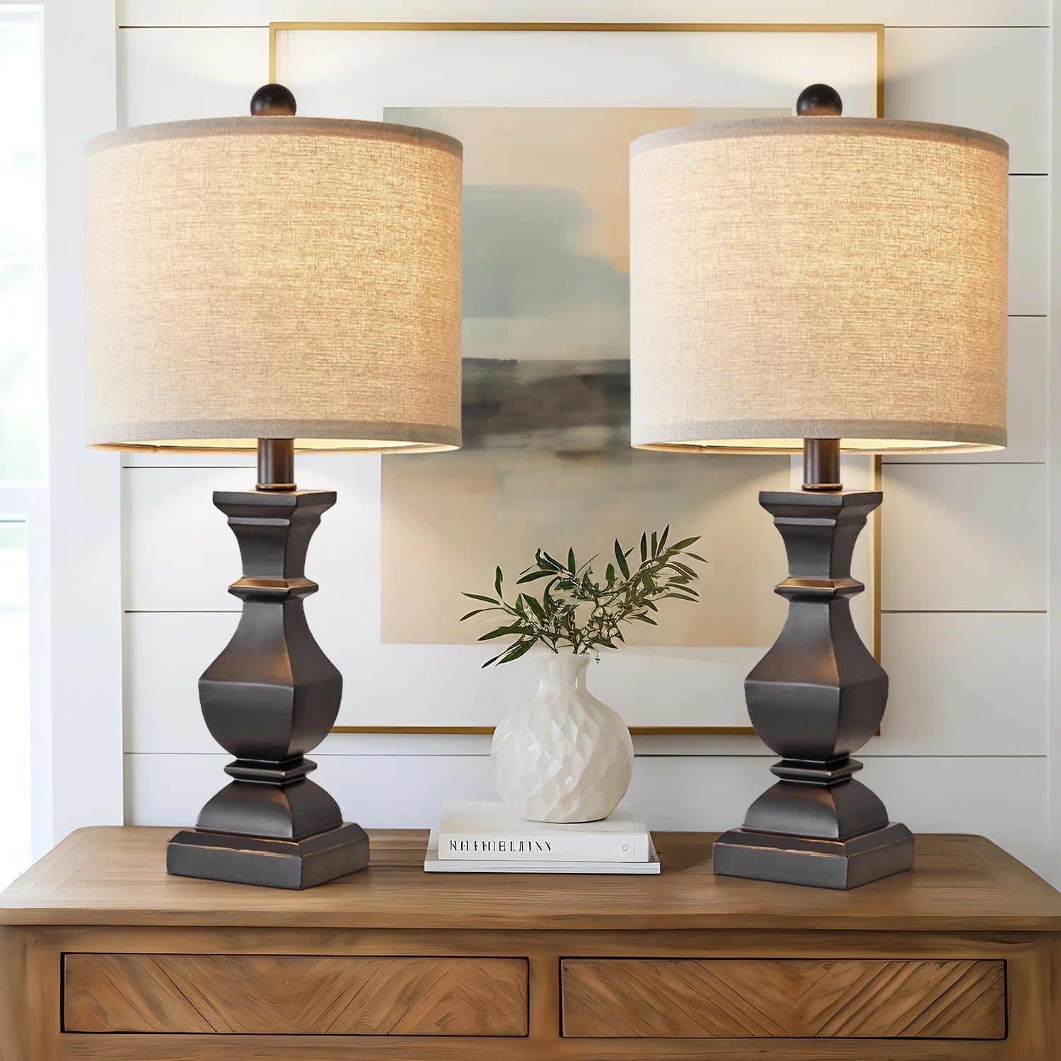 Retro Farmhouse Table Lamps Set of 2 - Resin Bedside Nightstand Lamps, 20.5"