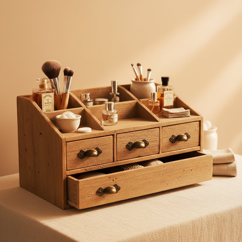 Rustic Vanity Organizer for Cosmetics, Makeup, and Bathroom Accessories, Wooden Farmhouse Storage Box with 3 Drawers, Vintage Countertop, Dresser, or Desk Organization