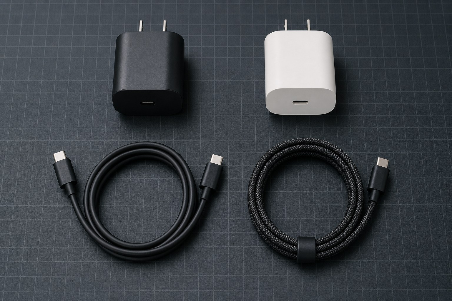 Two USB-C wall chargers and two cables arranged for comparison