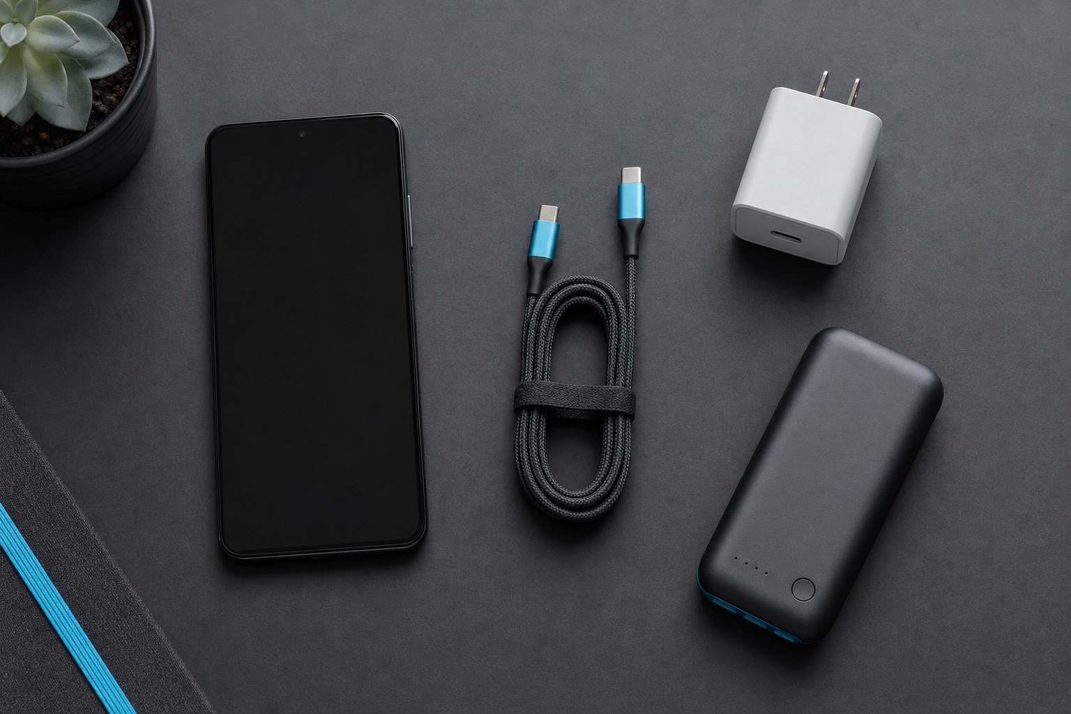 Phone, USB-C cable, charger, and power bank arranged on a dark desk