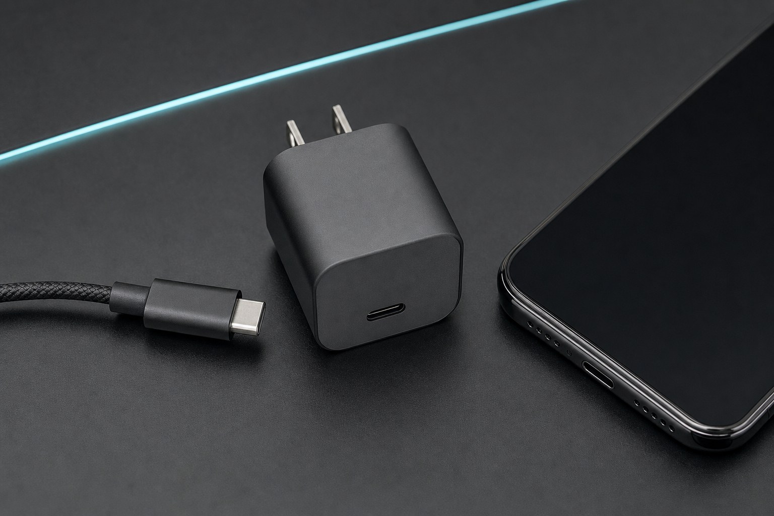 USB-C cable, compact wall charger, and phone arranged for a charging check